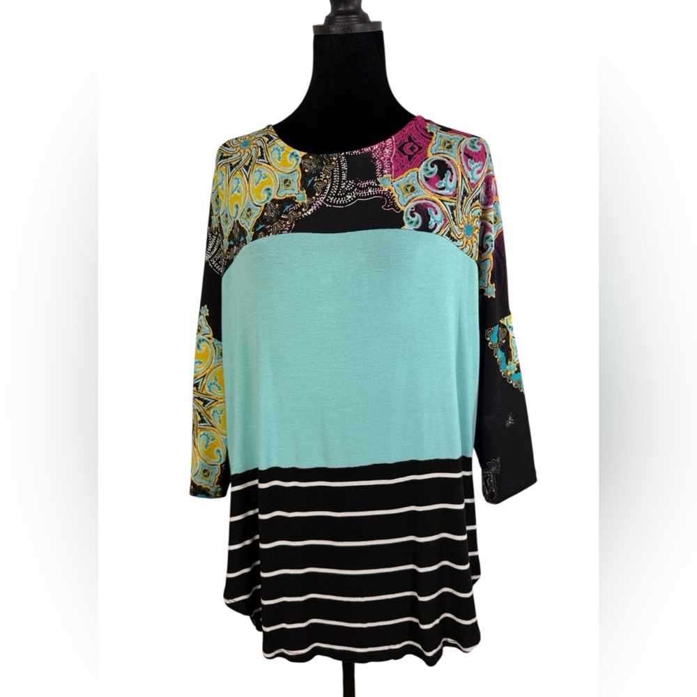 Honeyme Boho Patchwork Tunic Top High-Low Turquoise Paisley Stripe Size M